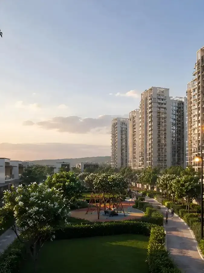 Aerial view of the Embassy Biome township at dusk, artist impression