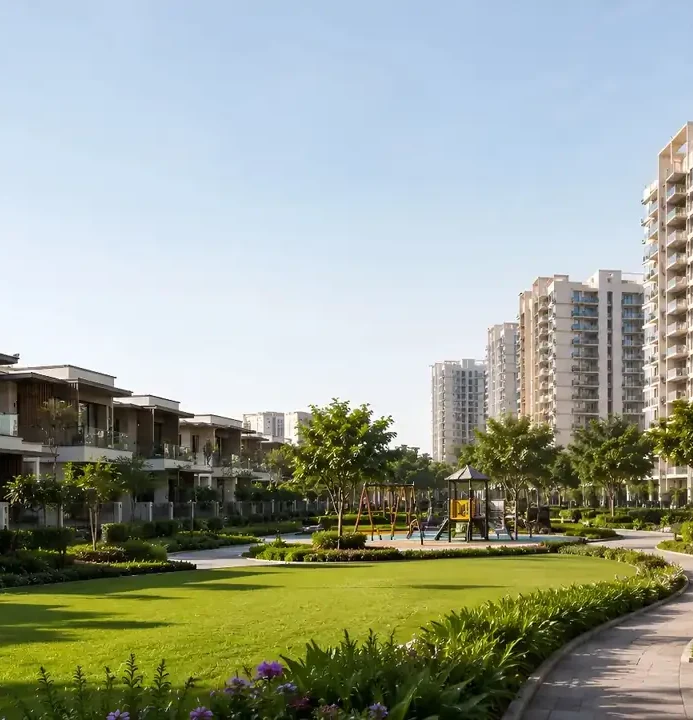 Embassy Biome township in daylight, artist impression of villas and towers