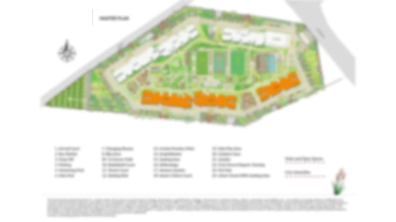 Embassy Biome master plan showing villa rows, apartment blocks and sports courts; the numbered legend on the supplied file is blurred
